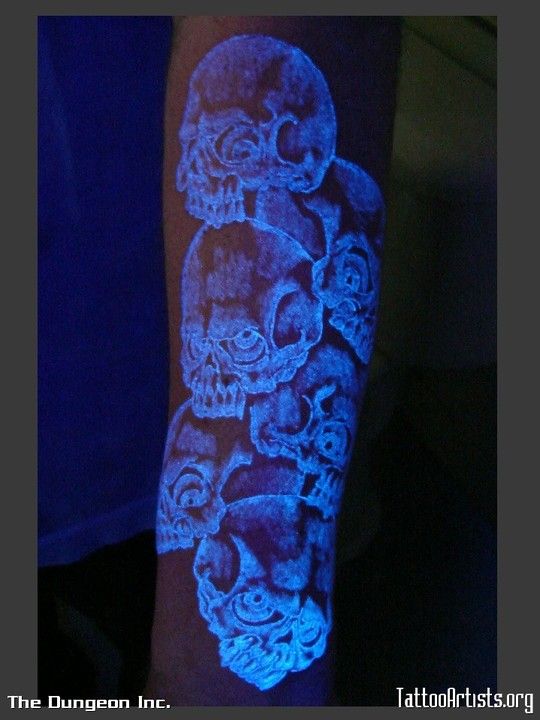 Skulls Black Light UV Tattoo On Arm Sleeve