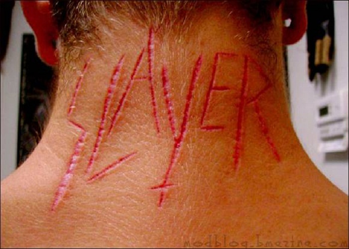 Slayer Scarification Tattoo On Nape For Men