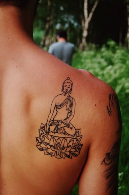 Small Buddha On Lotus Spiritual Tattoo On Right Back Shoulder