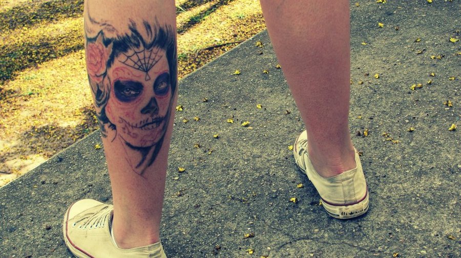 Small Catrina Face Tattoo On Back Leg By Flmilanello