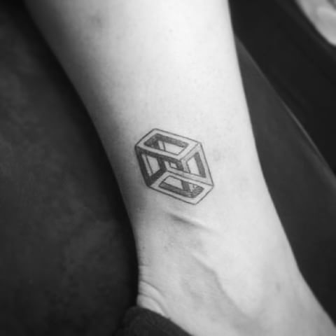 Small Escher Cube Tattoo On Ankle