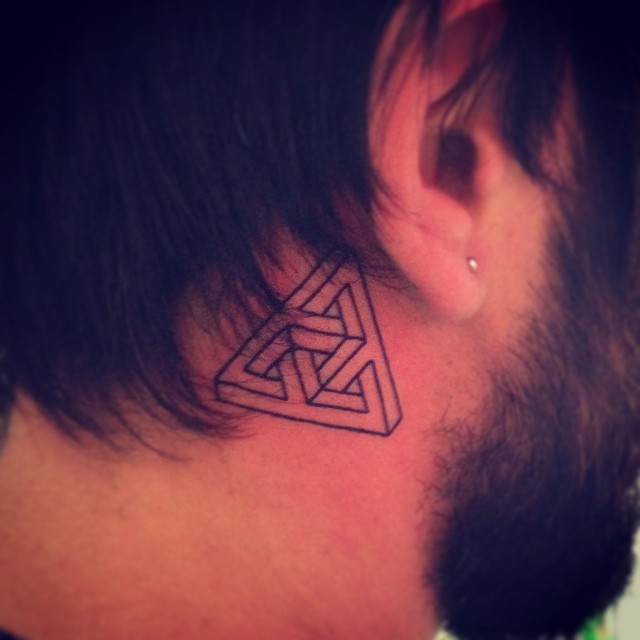 Small Escher Triangle Tattoo On Behind Ear