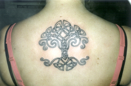 Small Grey Celtic Tree Of Life Tattoo On Upper Back