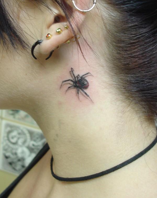 Small Latrodectus Spider Tattoo On Side Neck