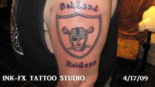 Small Oakland Raiders Tattoo On Left Half Sleeve