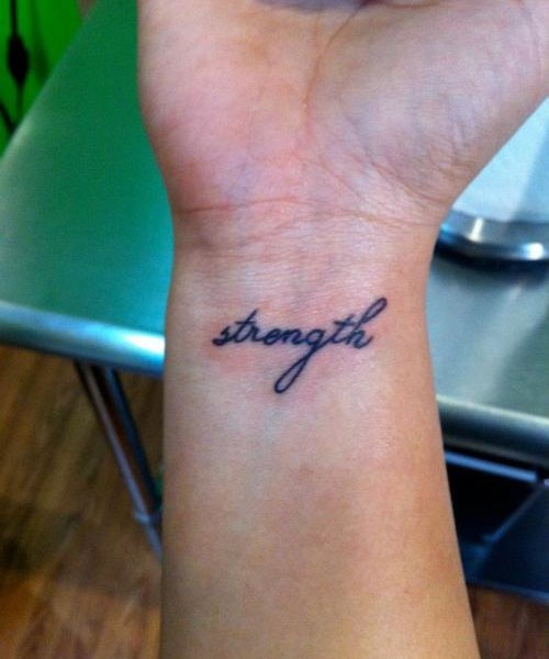 Small Strength Word Tattoo On Wrist