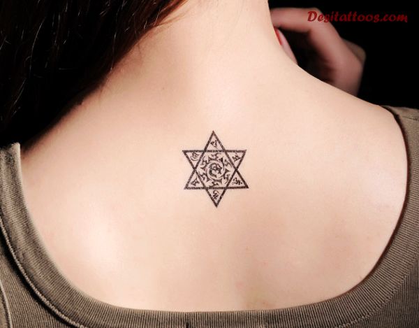 Small Tibetan Star Tattoo On Nape For Girls