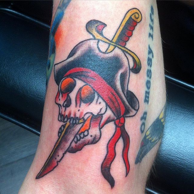 Small Traditional Pirate Skull Tattoo By Brendan Pobolocki