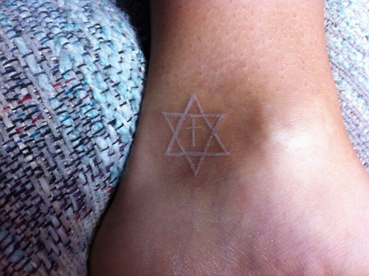 Small White Ink Cross David Star Ankle Tattoo
