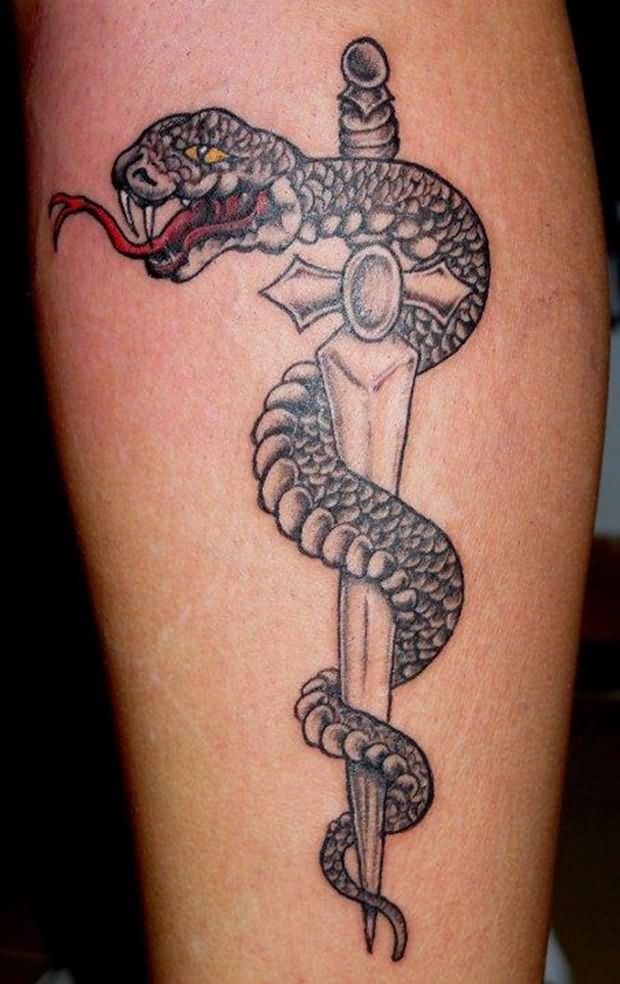 Snake Around Dagger Weapons Tattoo On Arm