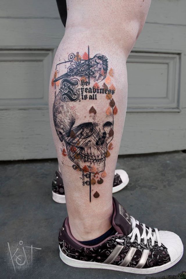Sparrow On Skull Tattoo On Leg by Koit Tattoo
