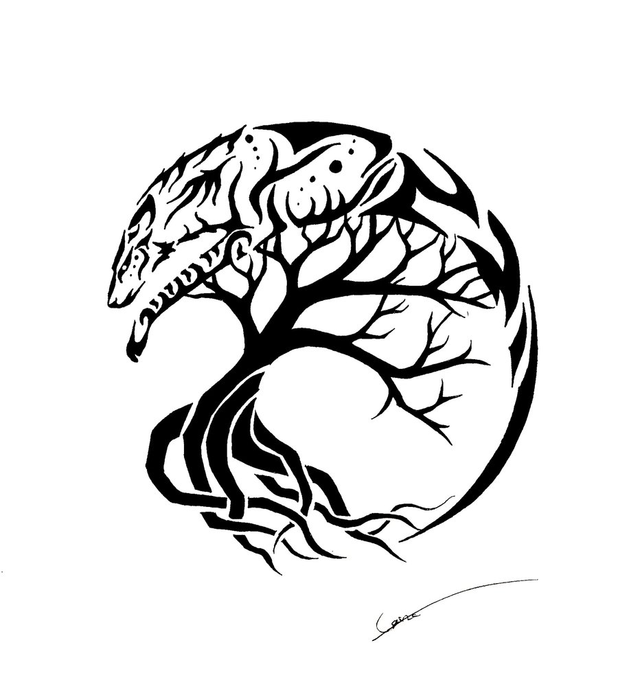 Spirit Wolf And Tree Of Life Tattoo Stencil