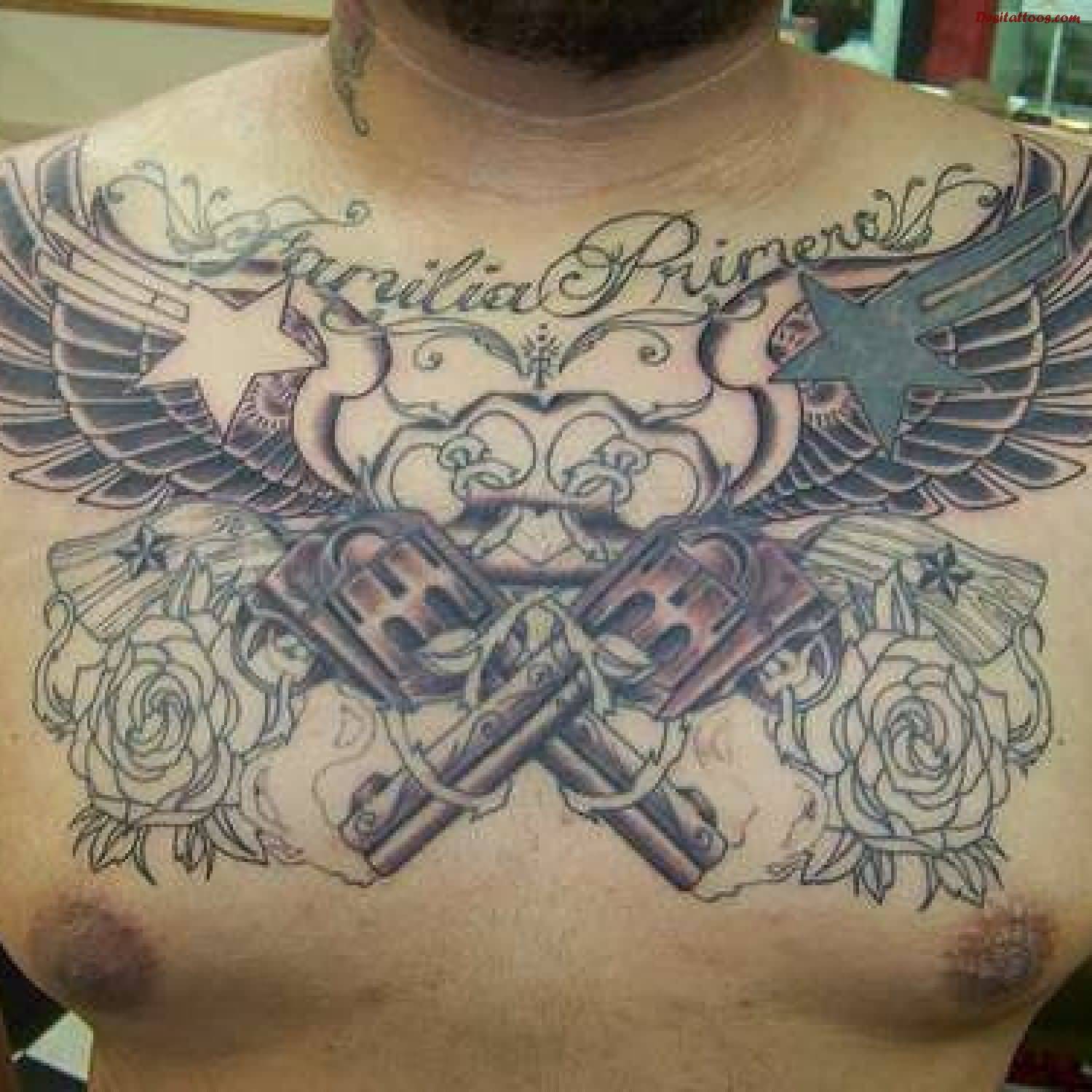 Spiritual Guns With Wings Tattoo On Chest For Men
