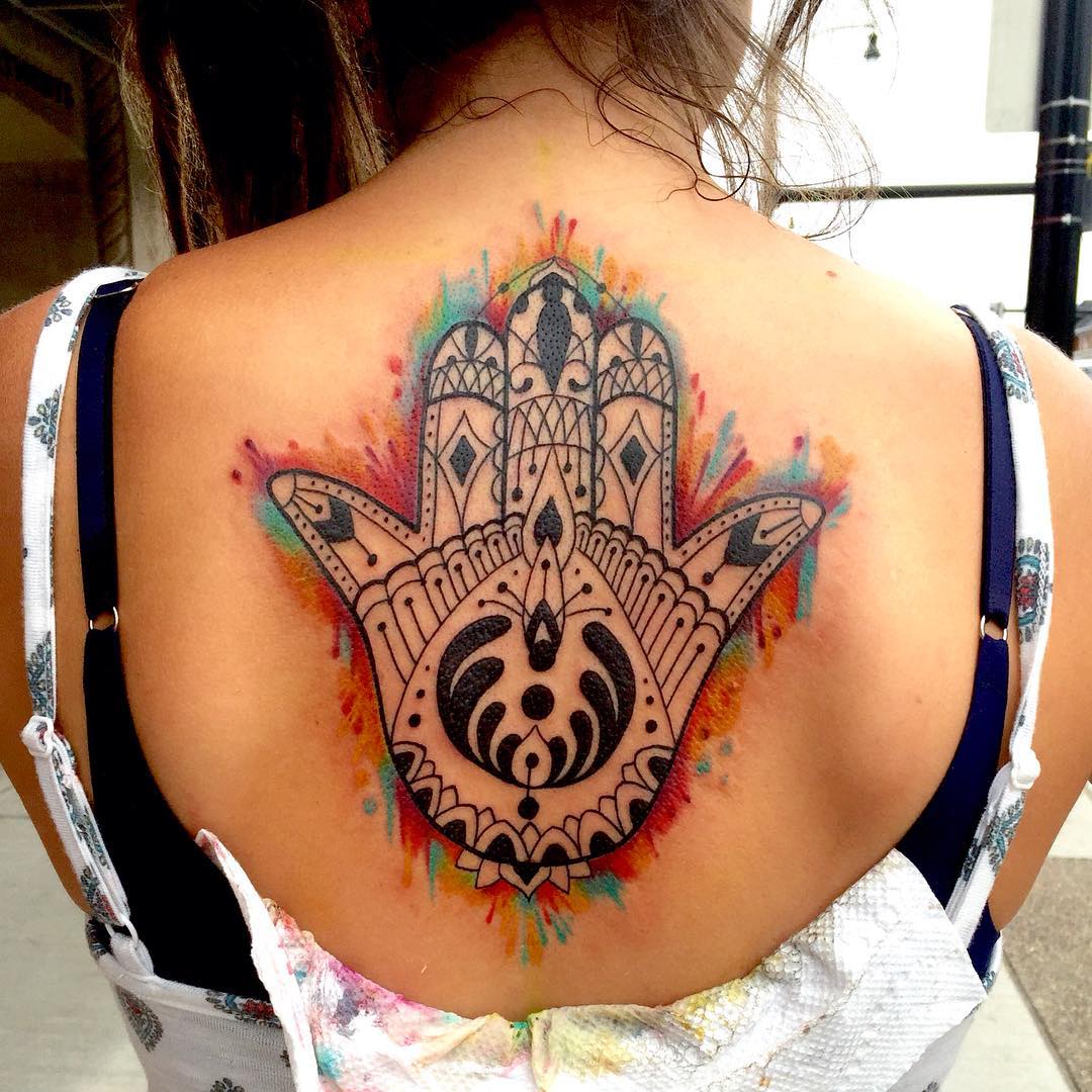 Spiritual Hamsa Tattoo On Upper Back