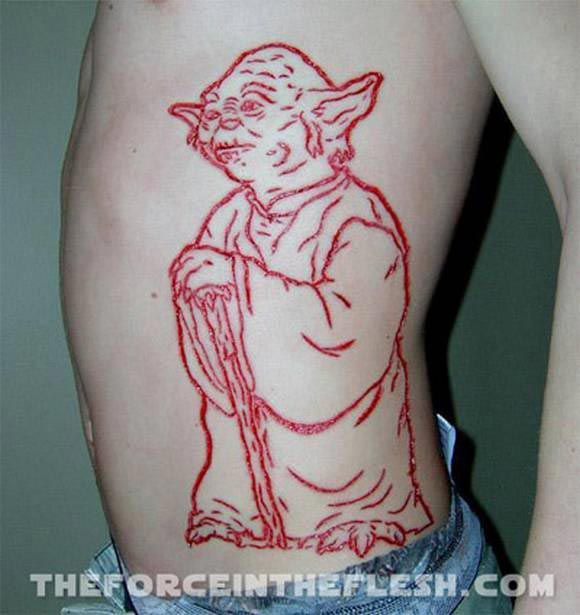 Star Wars Yoda Scarification Tattoo On Side Rib
