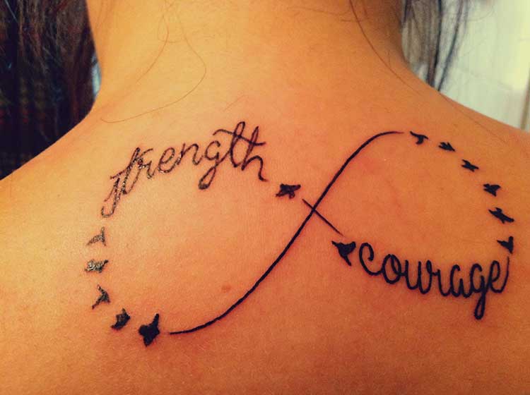 Strength Infinity Courage Tattoo On Upper Back
