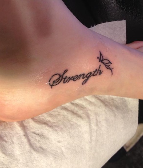 Strength Tiny Butterfly Tattoo On Foot