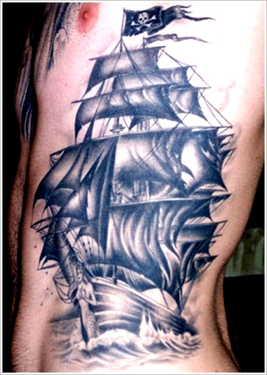 Superb Black Pirate Ship Tattoo On Side Rib For Men