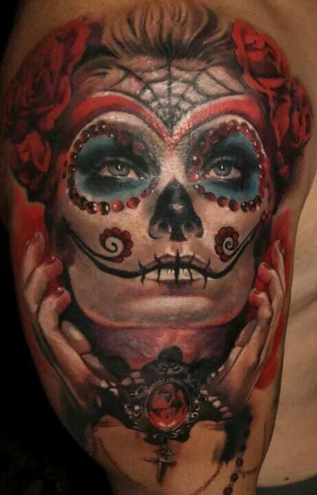 Superb Day Of The Dead Catrina Tattoo On Right Half Sleeve
