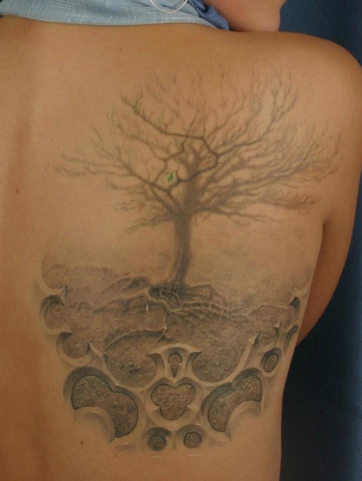 Superb Grey Tree Of Life Tattoo On Right Back Shoulder
