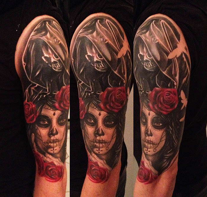 Superb Skeleton And Catrina Tattoo On Left Half Sleeve