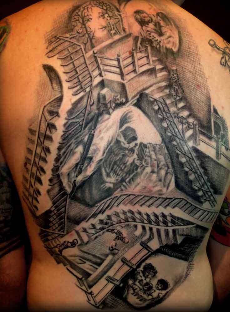 Surrealism Escher Stairs Tattoo On Back