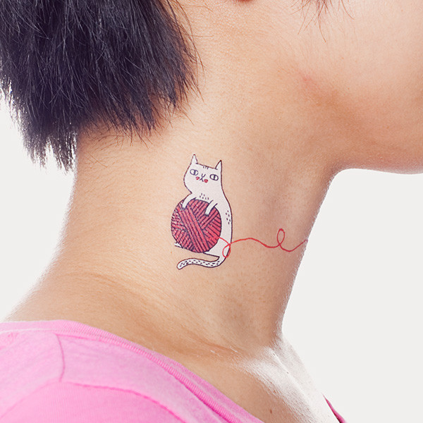 Temporary Cat With Yarn Tattoo On Side Neck