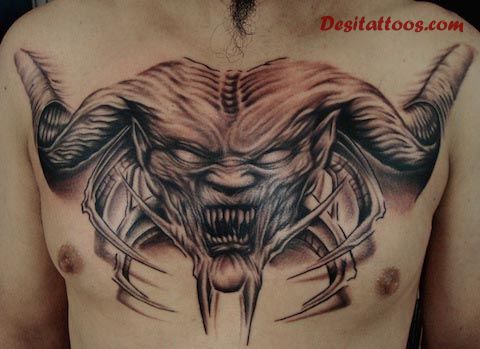 Terrific 3D Satan Tattoo On Chest For Men