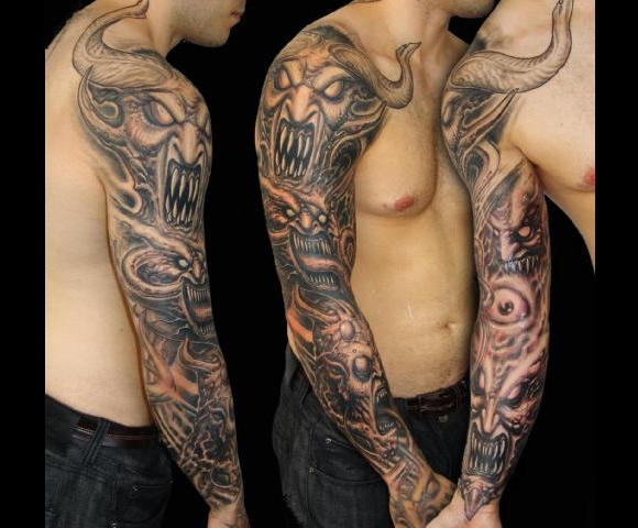 Terrific Black And Grey Satan Tattoo On Full Sleeve For Men