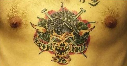 Terrific Born To Knit Skull Yarn Tattoo On Chest
