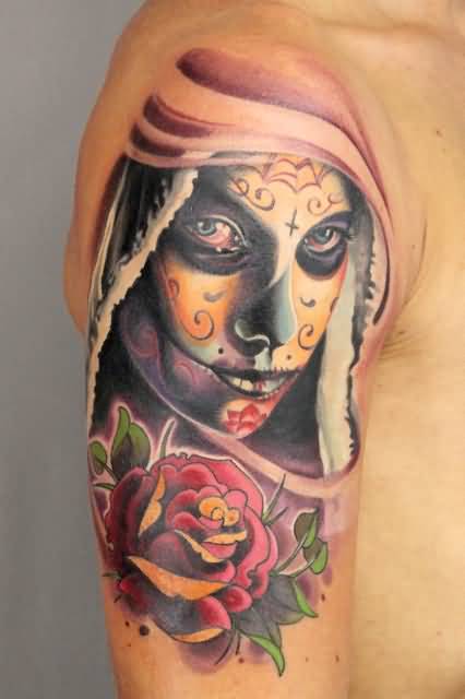 Terrific Catrina With Rose Tattoo On Right Half Sleeve