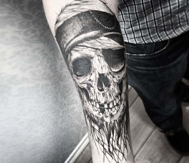 Terrific Grey Pirate Skull Forearm Tattoo For Men