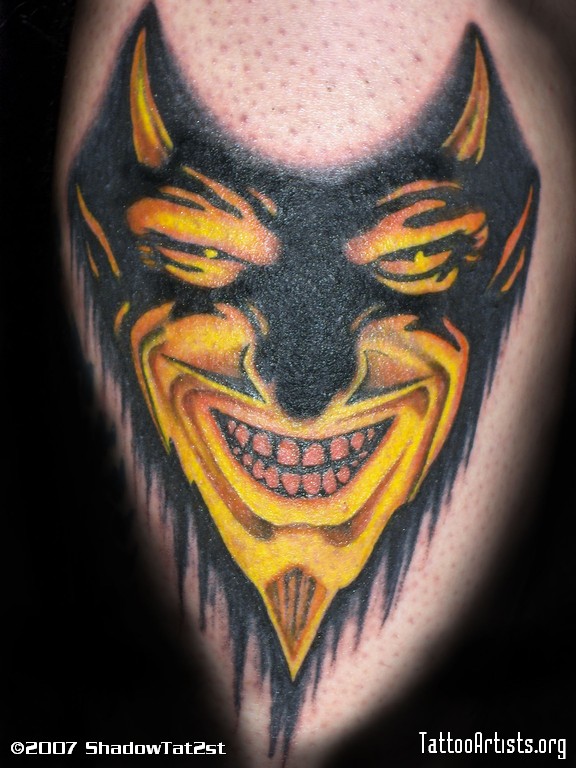 Terrific Laughing Satan Face Tattoo