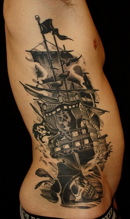 Terrific Skull And Pirate Ship Tattoo On Side Rib