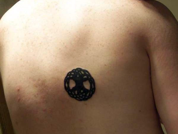 Tiny Black Tree Of Life Tattoo On Upper Back