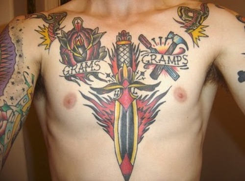Traditional Dagger Weapons Tattoo On Chest For Men