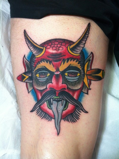 Traditional Knife Ripped Satan Tattoo On Thigh