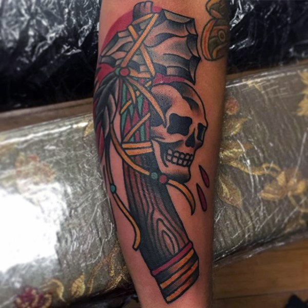 Traditional Native American Weapons With Skull Tattoo