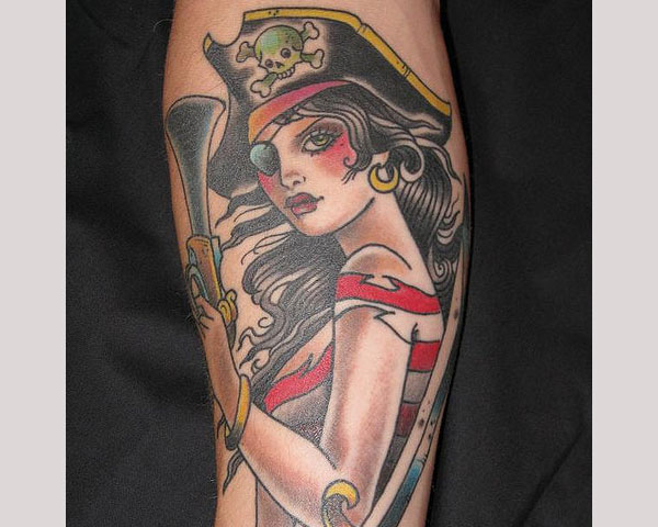 Traditional Pirate Girl Holding Gun Tattoo On Sleeve
