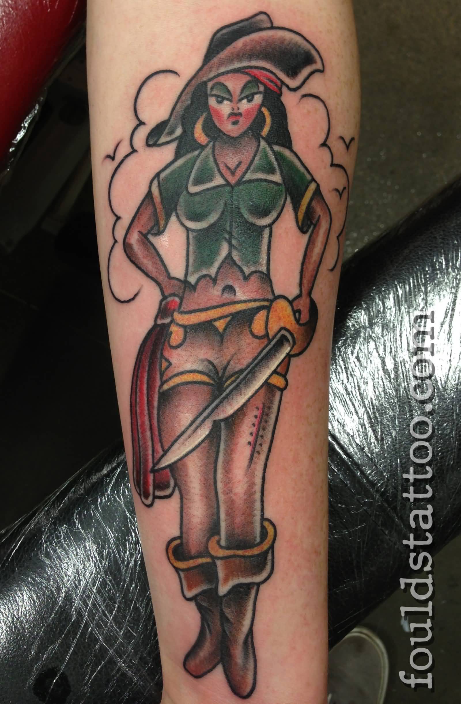 Traditional Pirate Girl Holding Sword Tattoo On Forearm