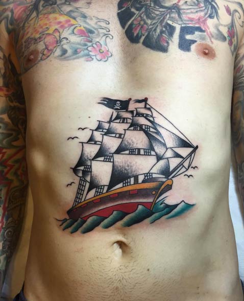 Traditional Pirate Ship Tattoo On Stomach By Alessandro Lemme