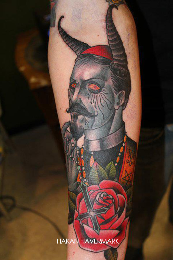 Traditional Satan Father Tattoo On Forearm