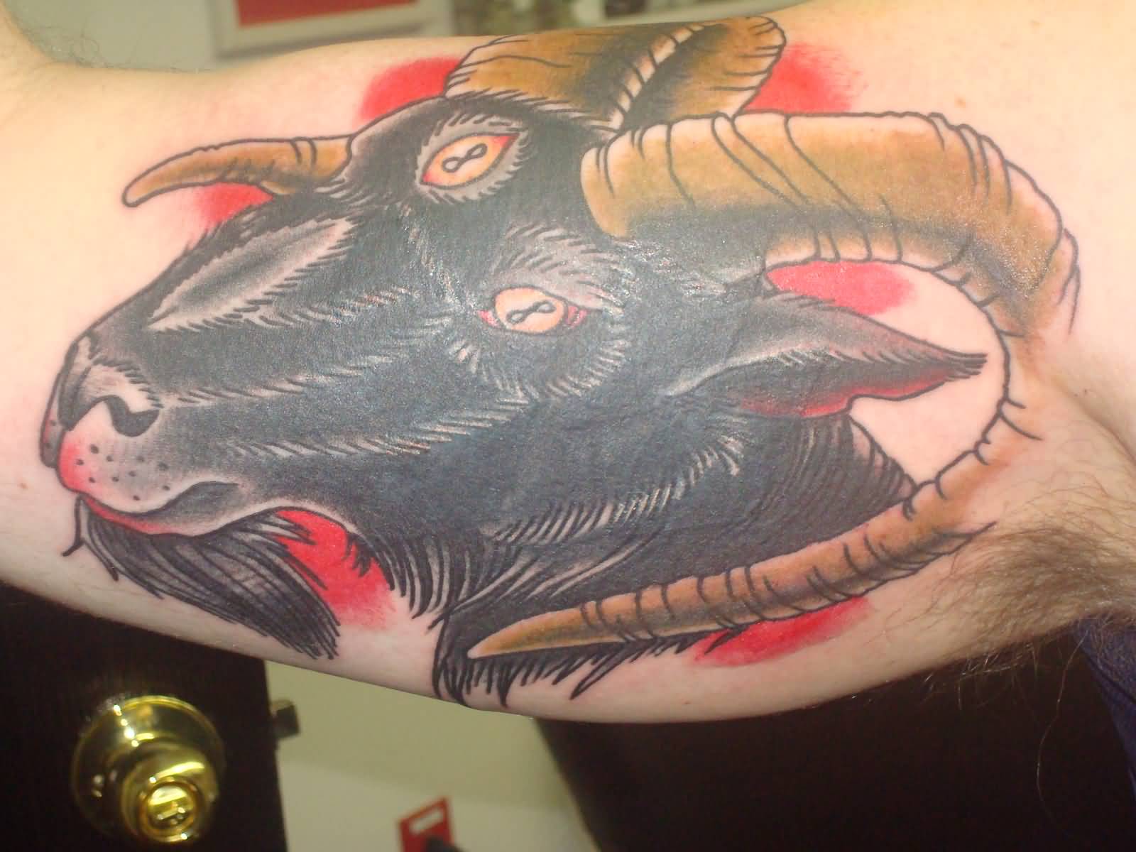 Traditional Satan Goat Tattoo On Biceps