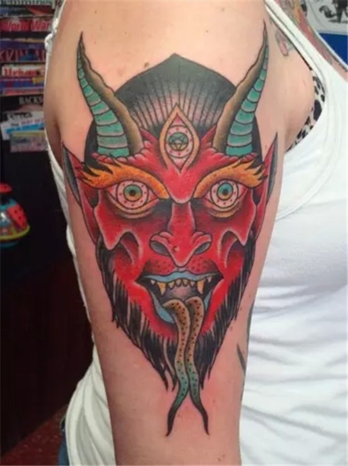 Traditional Satan Tattoo On Right Half Sleeve