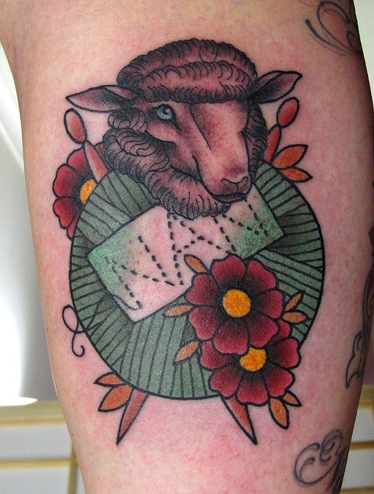 Traditional Sheep With Yarn Tattoo