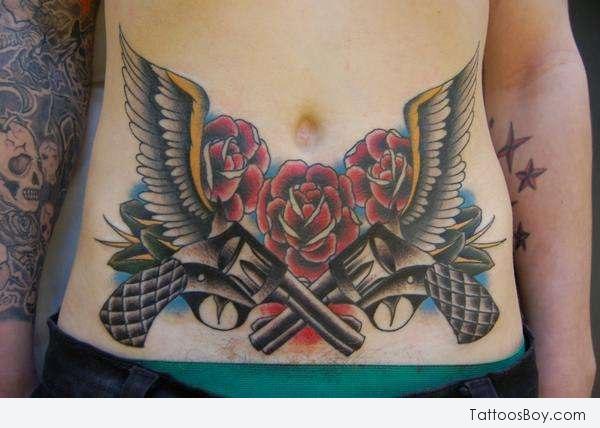 Traditional Winged Guns Weapons Tattoo On Belly