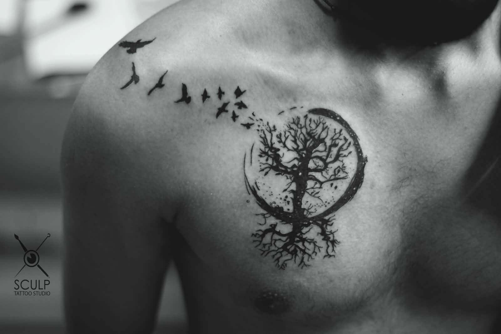 Tree Of Life And Birds Tattoo On Chest For Men