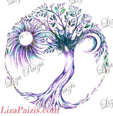 Tree Of Life In Color Purple Aqua Green Tattoo Design
