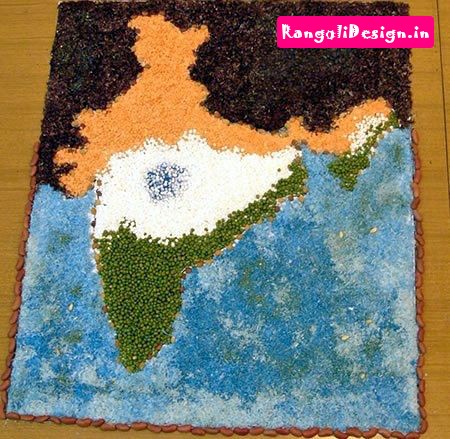 Tri Color Indian Map Rangoli Design For Independence Day