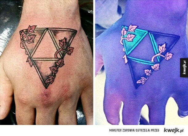 Triforce In Daylight And UV Light Tattoo On Hand